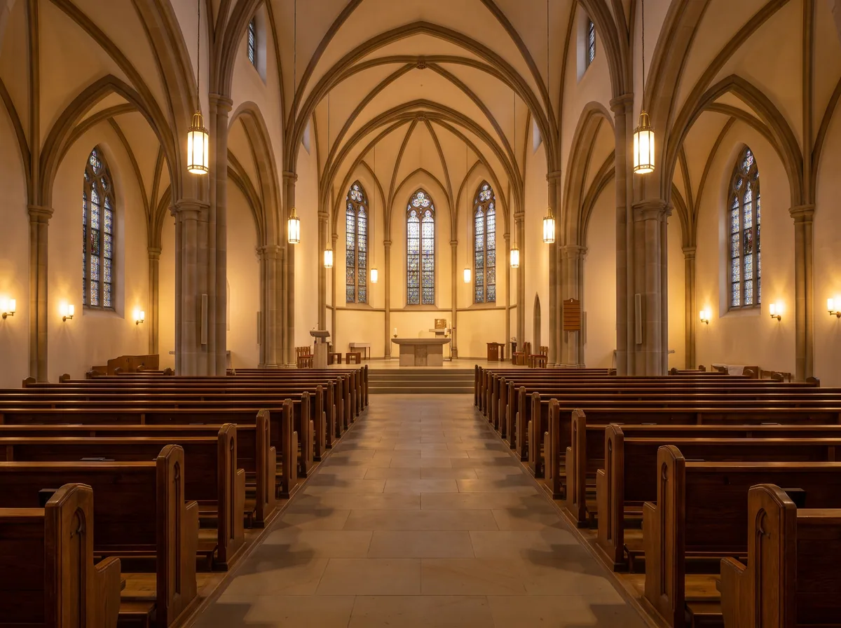A church nave at night with polished wooden pews and a swept stone floor under calm lighting.