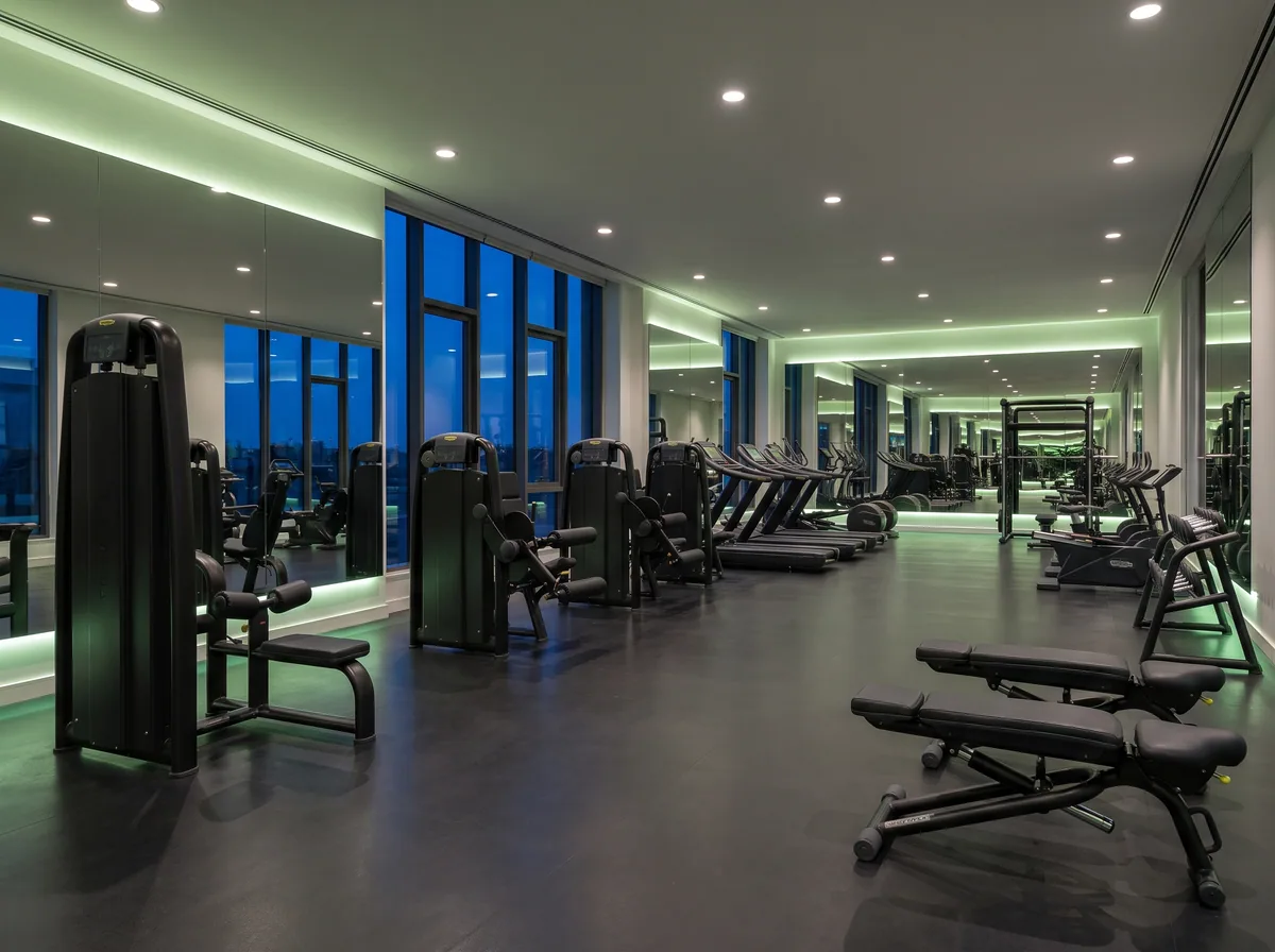 A gym floor at night with gleaming rubber flooring, wiped-down equipment, and spotless mirrors.