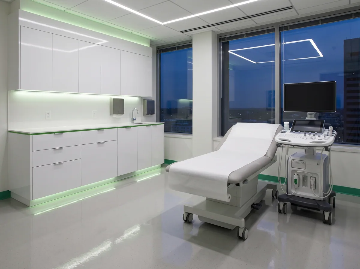 A spotless medical exam room at night with a sanitized exam table and gleaming floors.