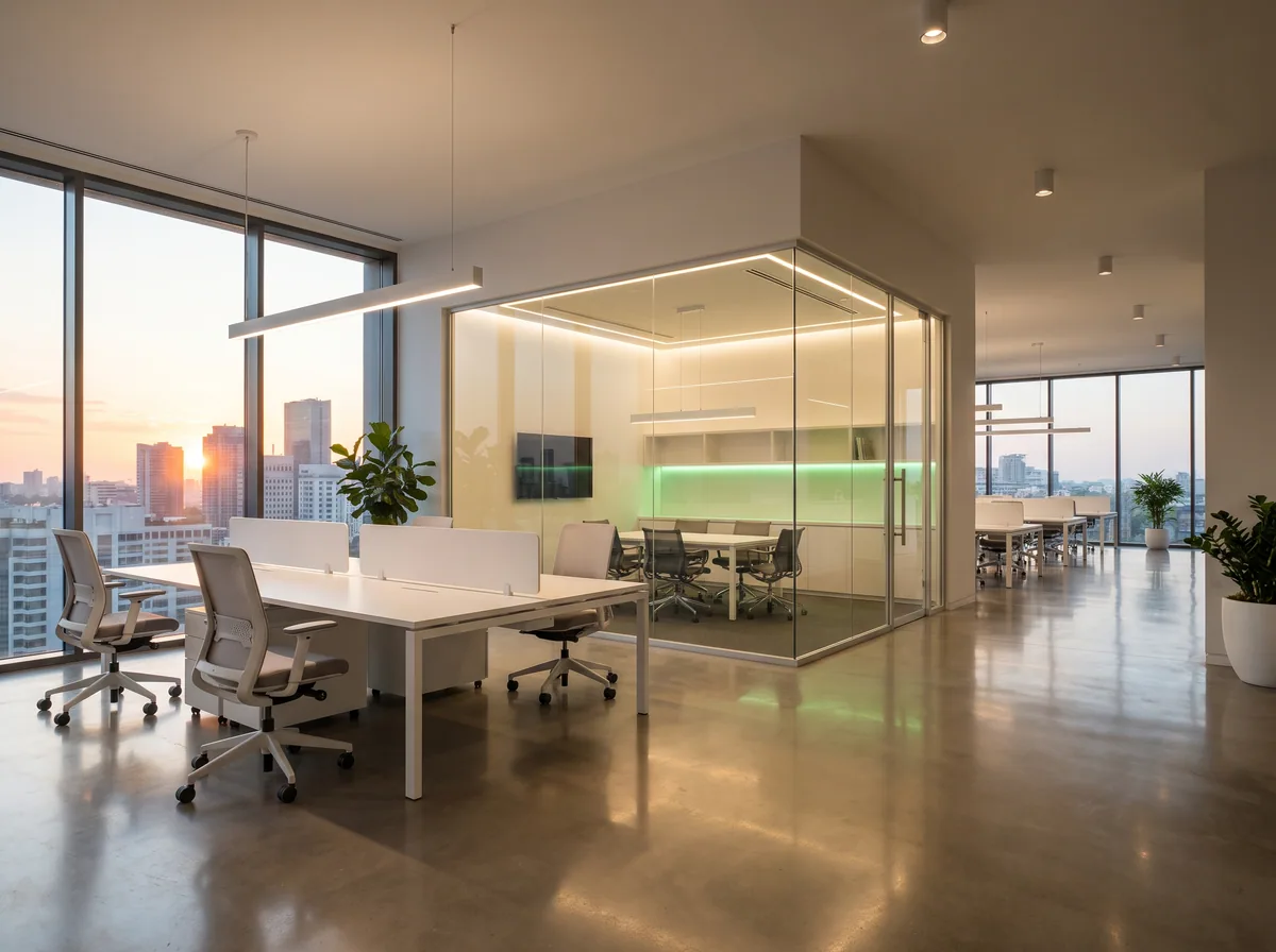 An open-plan office at night with desks wiped clean and freshly cleaned floors.