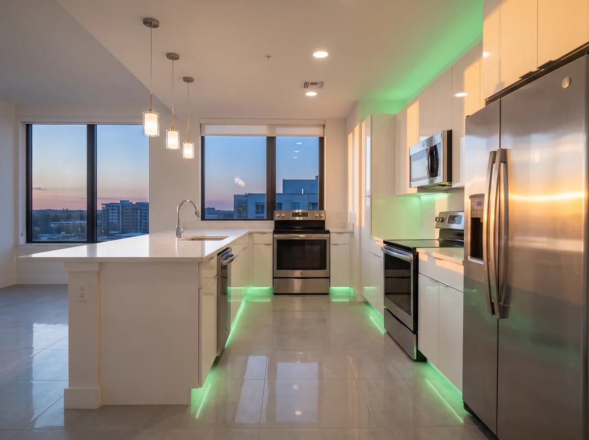 A clean empty rental kitchen at night with spotless gleaming countertops and a mopped floor, ready for the next guest.