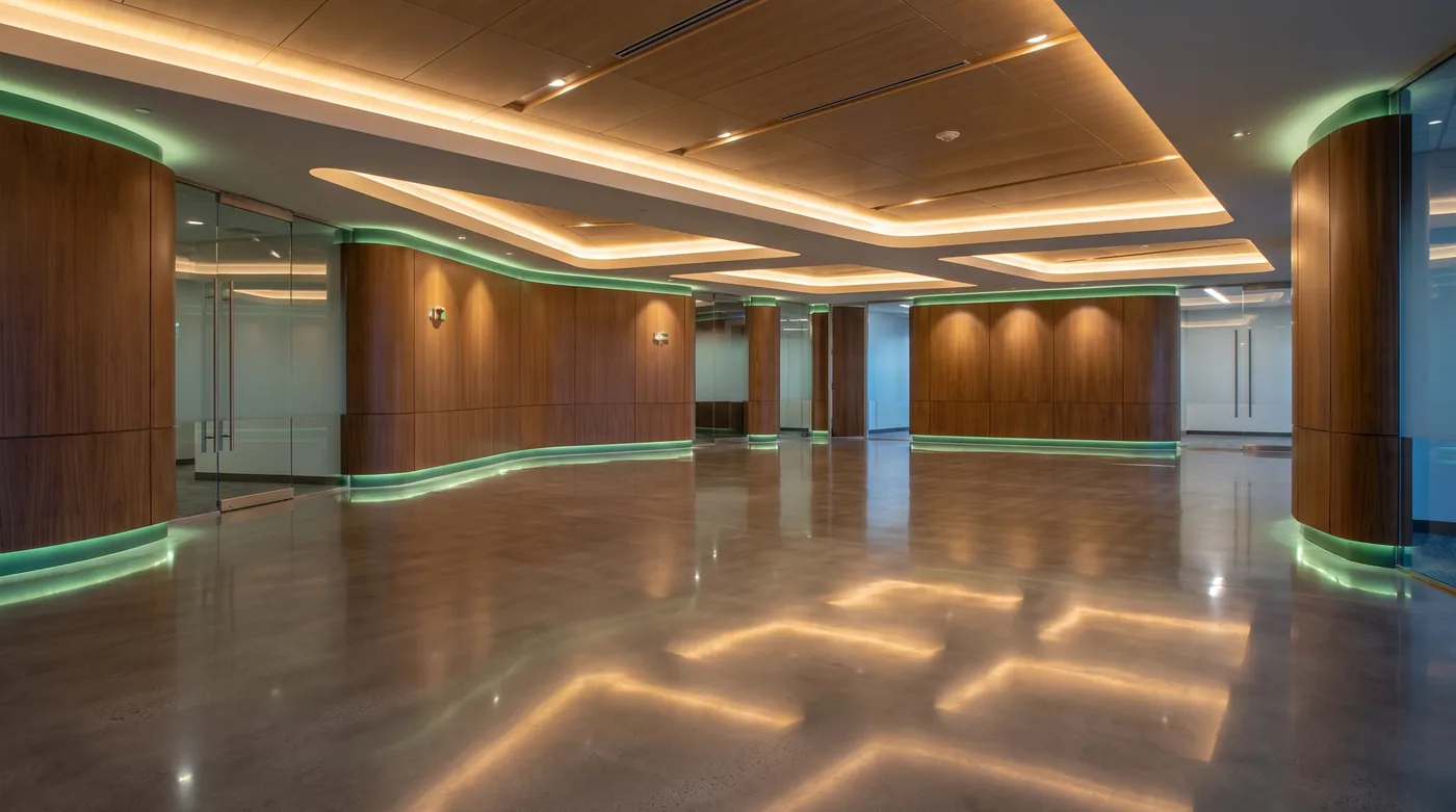 A large tile floor deep-cleaned to a streak-free wet-look shine, reflecting overhead lights.