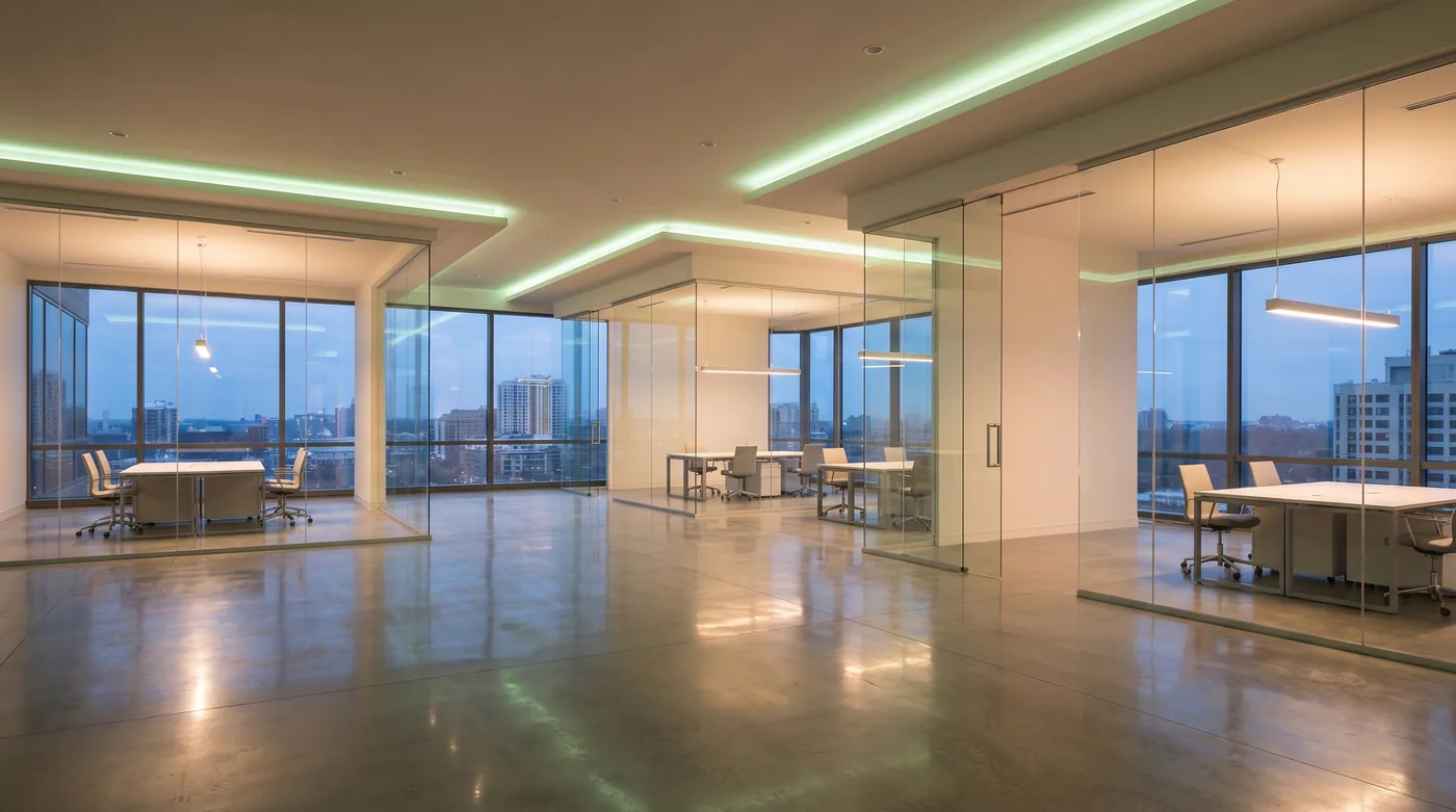 A newly built commercial interior after final cleaning, with a spotless dust-free polished concrete floor.