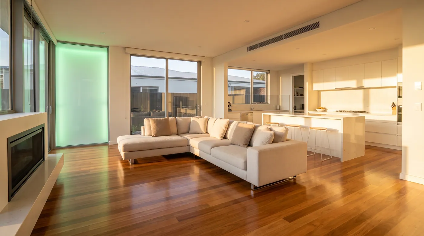 A bright modern family living room with a sightline into a spotless kitchen, hardwood floors cleaned to a gleam.